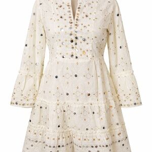 Chic Cream Long Sleeve Dress with Gold Accents